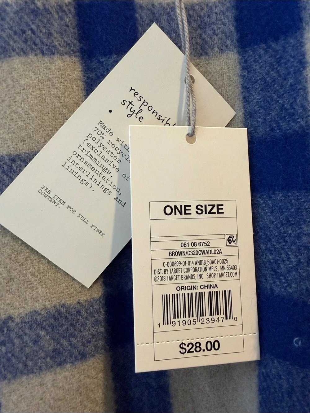 A New Day Buffalo Check Plaid Fringe Ruana Wrap in Blue, One Size NWT